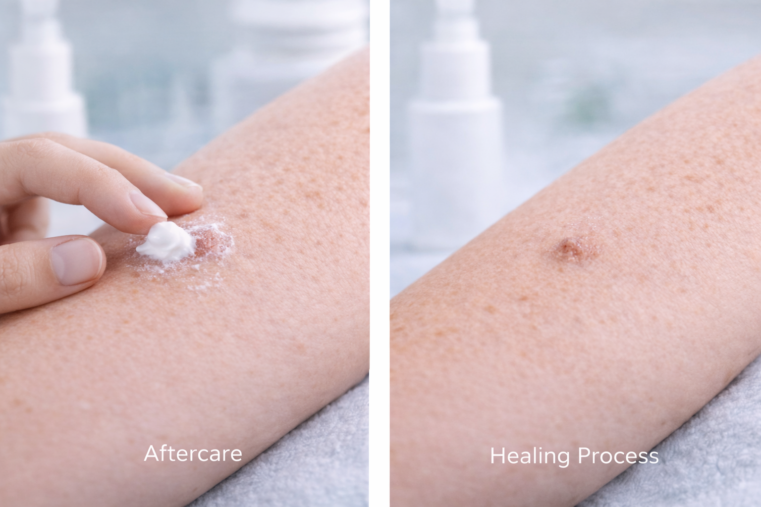 A comforting image of a person gently caring for their skin, symbolizing the aftercare process following Cryosonic Treatment.